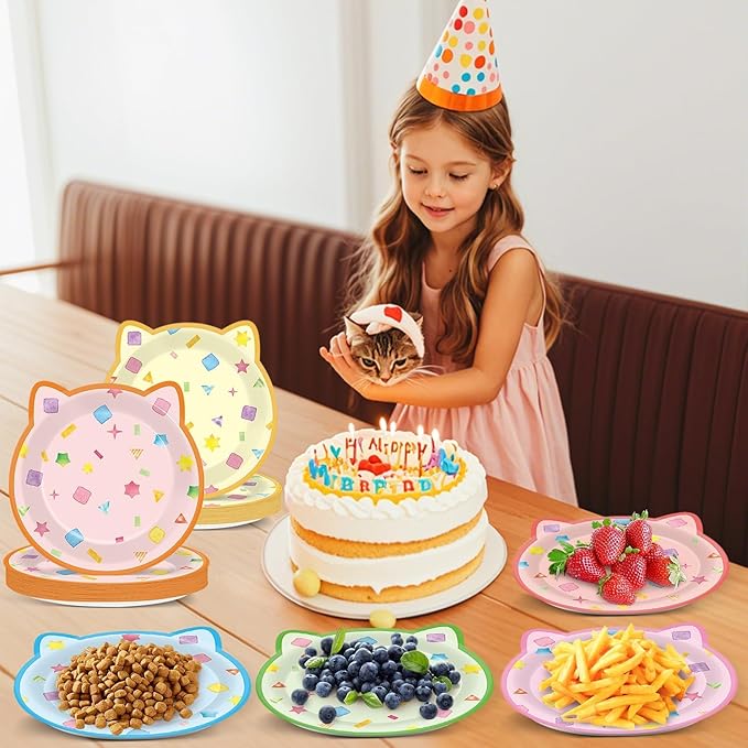 48Pcs Cat House Party Paper Plates Kitten Shaped Disposable Dessert Plates Cat Birthday Party Decoration Cute House Tableware Kitten Themed Parties Favor for Kids Birthdays Baby Showers Supplies