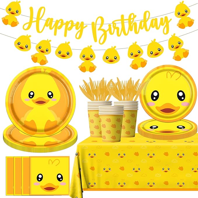 Rubber Duck Party Supplies,Happy Birthday Duckie Tableware Set Duck Plates Yellow Baby Shower Napkins Cups for Waddle It Be Gender Reveal Party,One Lucky Duck Birthday Decorations