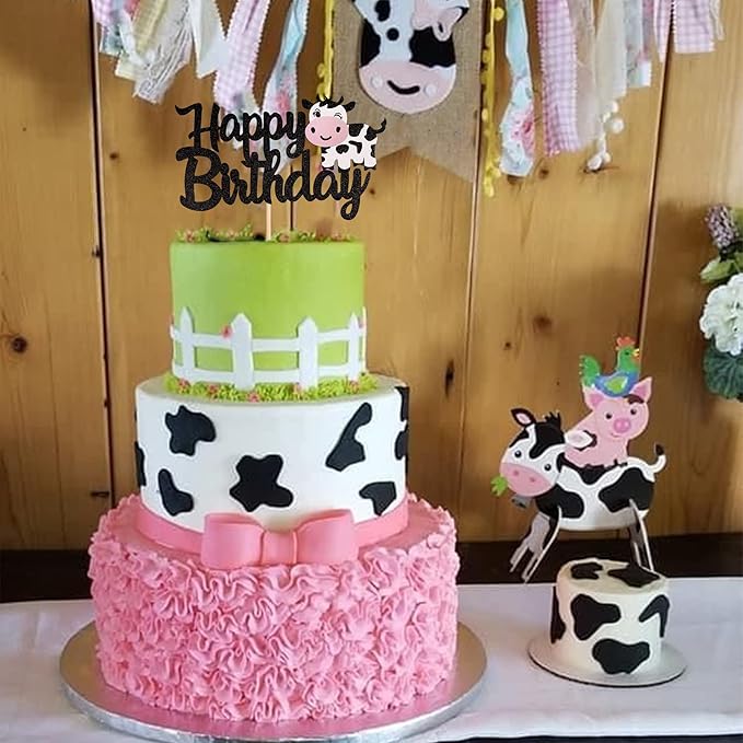 1 PCS Cow Happy Birthday Cake Topper Glitter Farm Animals Birthday Cow Cake Pick Decorations for Cow Theme Baby Shower Kids Boys Girls 1st Birthday Party Cake Decorations Supplies