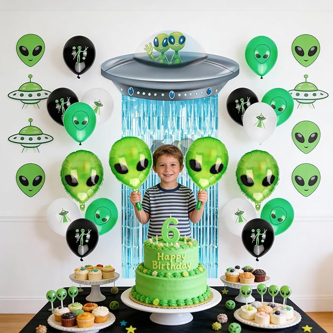 24PCS Alien Birthday Party Decorations Set, Space Theme Party Supplies with Alien & Cow Balloons Decorations, Blue Foil Fringe Curtain, Outer Space Birthday Decorations