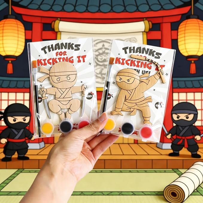 12 Pack Ninja Party Favors for Kids - Individually Wrapped Paint Your Own Wooden Magnet Craft Kits with Thank You Card, Stealthy Birthday Decorations for Boys & Girls