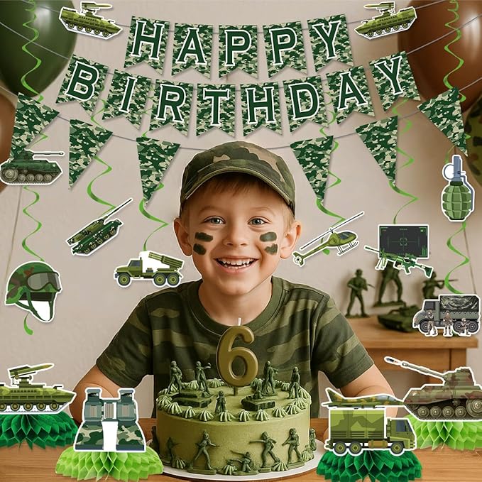 Army Birthday Party Decorations Include Happy Birthday Banners Camo Bunting Banners Hanging Swirls Honeycomb Centerpieces Military Birthday Theme Party Supplies