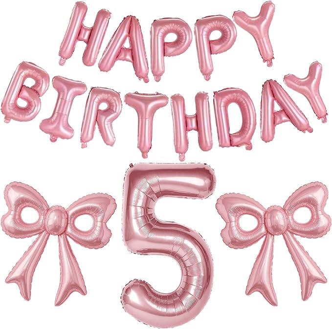 Bow Number 5 Birthday Balloons, 40" Pink Aluminum Foil Balloons Happy Birthday Balloon for Girl 5th Birthday Party, Princess, Coquette Party Decorations Supplies