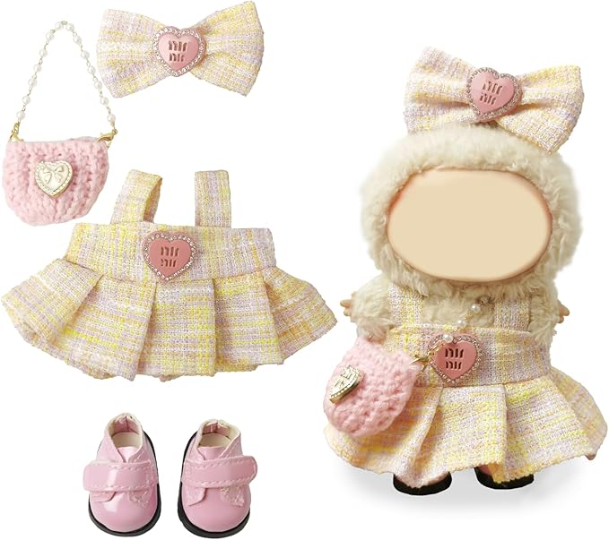 Clothes Compatible with Labubu Doll - 4PCS Classic Set, 17cm Doll Clothes Designer Outfit for Chic Daily Style, Cute Stylish Accessories, No Doll (Blush Tweed Chic)