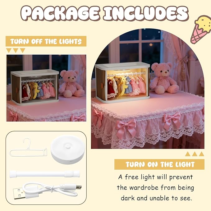Foldable Doll Closet Wardrobe Storage Box Set with Night Light Doll Accessories Display Box with 8 Hangers and Rod Stackable Organizer Cabinet for 15/17cm Clothes with Dust Cover Display Rack Hook