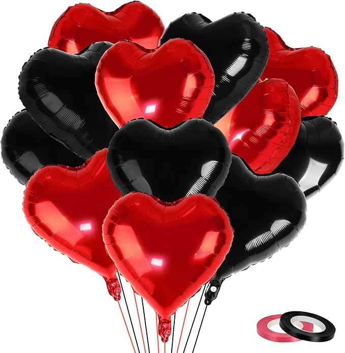 NOVWANG 18pcs Red Black Heart Balloons, 18 Inch Red and Black Heart Shape Foil Balloons Party Decorations for Valentines Birthday Wedding Party Decorations Supplies
