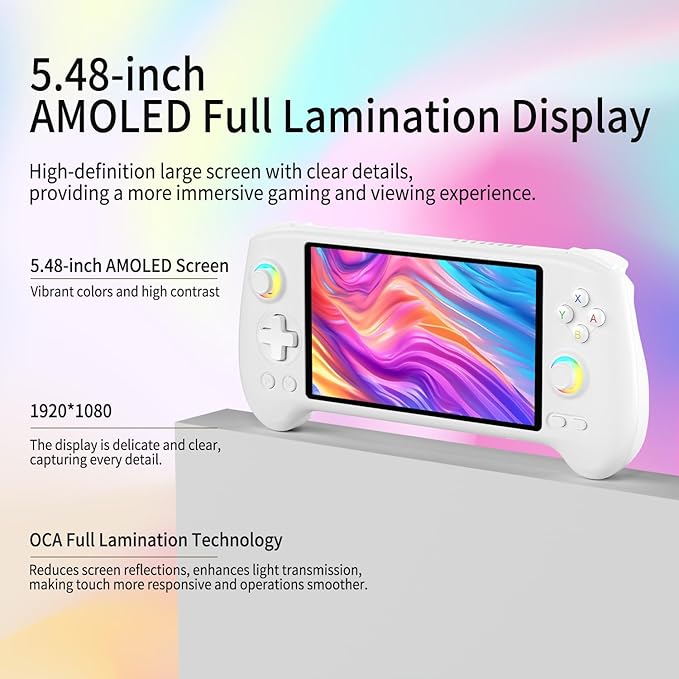 RG557 Retro Handheld Game Console , 5.48 Inch AMOLED Screen Handheld Emulator Android 14 System Dimensity 8300 Processor Support WiFi 6E Bluetooth 5.3(White)