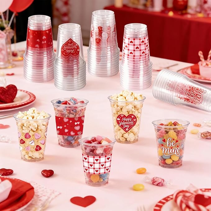 50Pcs Valentine's Day Party Decoration Cups, 12oz Pink Red Valentine's Day Heart Disposable Clear Plastic Cup for Valentines Day Birthday Wedding Drinkware Beverage Drinks Party Decor Supplies