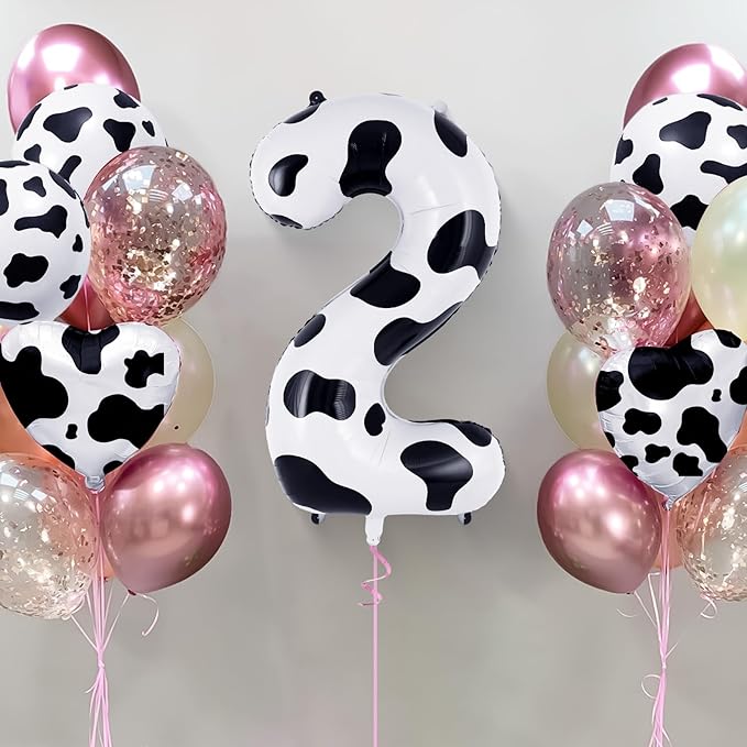 Cow Print Number 2 Balloon, Large 40 Inch Cow Number Birthday Balloons, Foil Mylar Number 2 Balloons for 2 Year Old Birthday Party Decorations Supplies Animal Farm Cowboy Cowgirl Themed Party