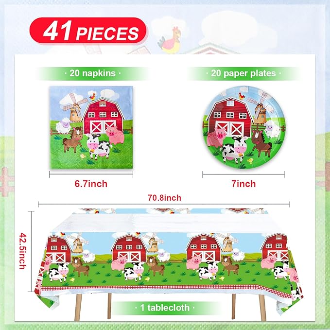 41pcs Farm Party Supplies ,include 20 Dessert Plat, 20 Napkin and 1pcs Tablecloth,Used for Farm Birthday Party Decoration