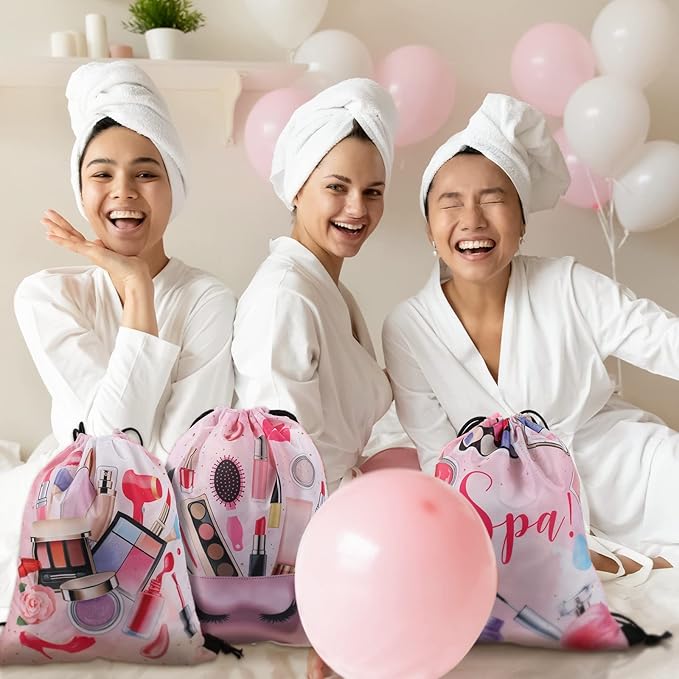 12 Pcs Spa Party Favor Bags Drawstring Backpack Gift Bags for Girls Women Makeup Birthday Party Decorations Salon Baby Shower Spa Decorations, 12 x 10 Inch