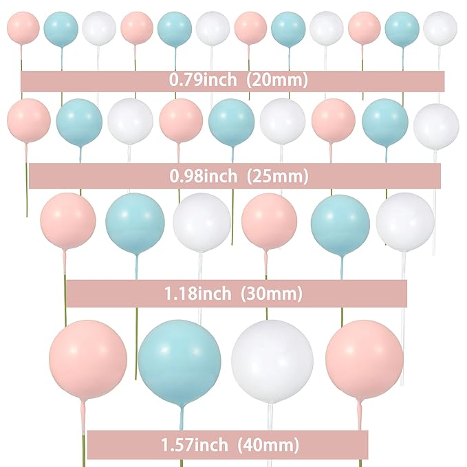 Gyufise 30Pcs Balls Cake Topper Foam Ball Cake Picks Faux Pearl Ball Shaped Cupcake Insert Cake Topper for Baby Shower Wedding Anniversary Kids Birthday Party Cake Decorations White Blue Pink