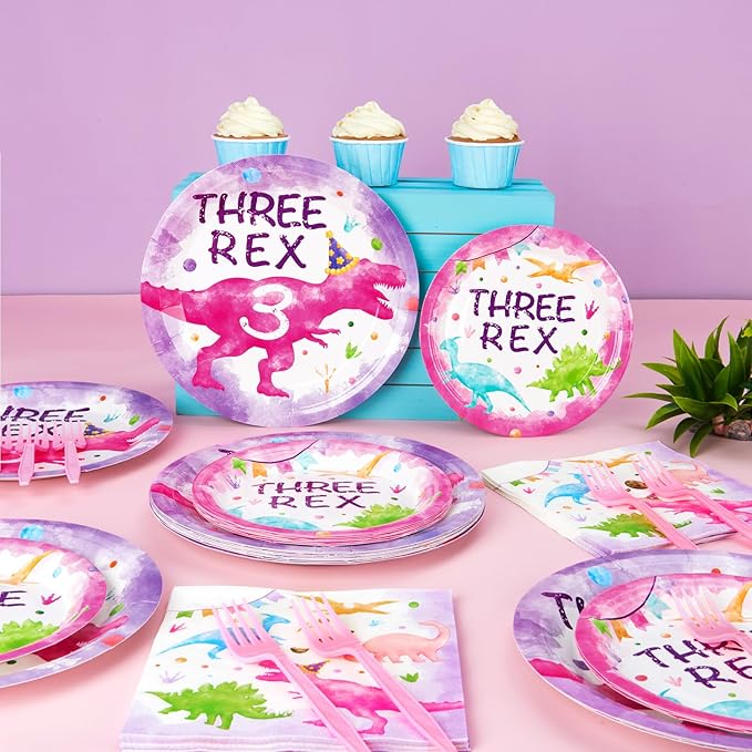 WERNNSAI Dinosaur 3rd Party Decorations - 64PCS Dinosaur Plates Napkins and Forks Set Three Rex Birthday Decorations for Kids Girls 3 year old Birthday Decorations Serves 16 Guests