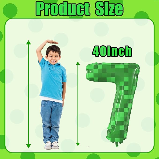 40 Inch Giant Green Pixel Miner Theme Number Foil Balloons Large MIning Number 7 Balloons Party Balloons Birthday Party Decorations Supplies Number 0-9 Available for Kids' Birthday Anniversary Party