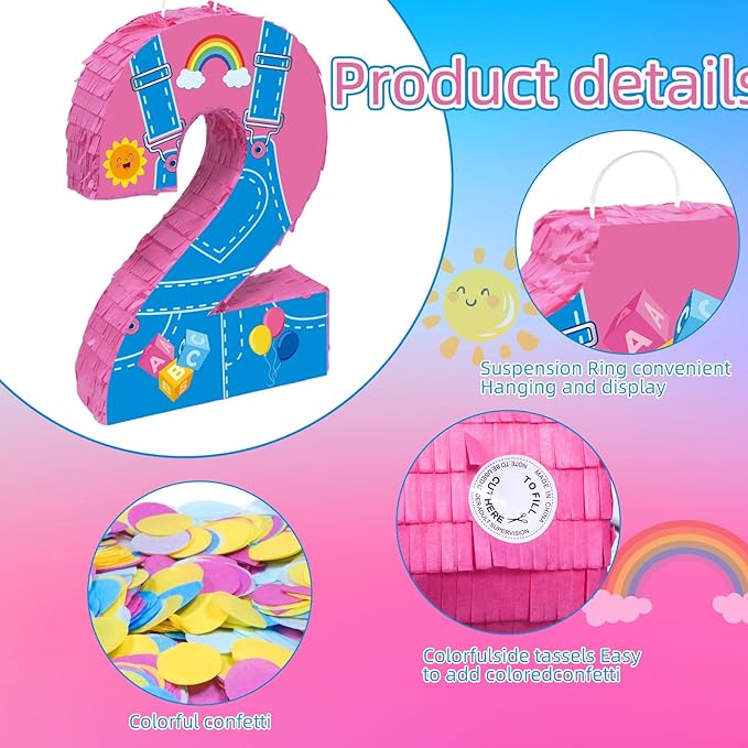 Pink Party Decorations,15.7‘’ Pink Number 2 Pinata with Stick Blindfold Confetti for Girls Boys 2nd Anniversary Party Decorations & Supplies (2nd)