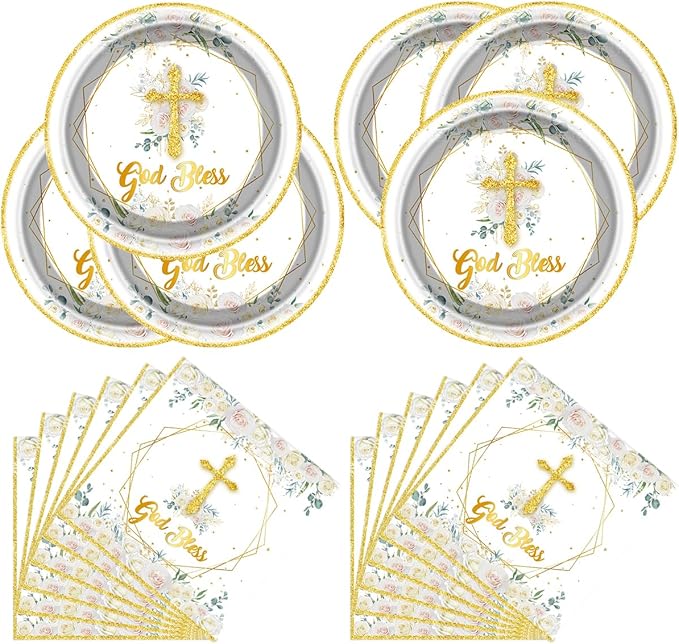 God Bless Plates and Napkins Baptism Theme Party Supplies, First Holy Communion 20 Plates, 20 Napkins for Newborn Baptism Church Cross Party Decoration