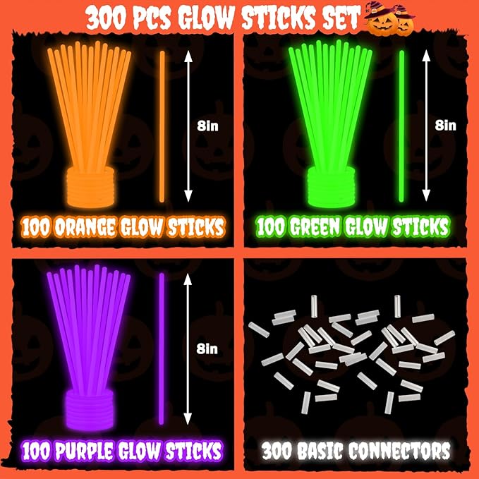 Bulk Treats Non Candy Party Favors 300 PCS, Green Orange Purple Glow Sticks Accessories for Kids & Adults, Basket Goodie Gift Bag Stuffers for Carnival Pinata, Holiday Classroom Prizes Birthday Favors