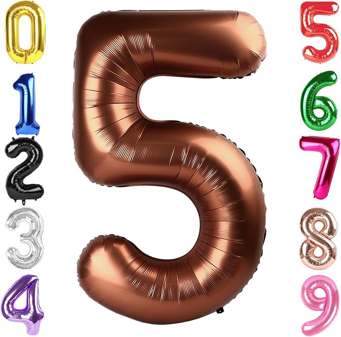 40 Inch Coffee Brown Number 5 Balloon, Giant 5 Number Balloons for 5th Birthday Decorations, Party Supplies for Baby Boy Girl, Coffee Brown Party Decor