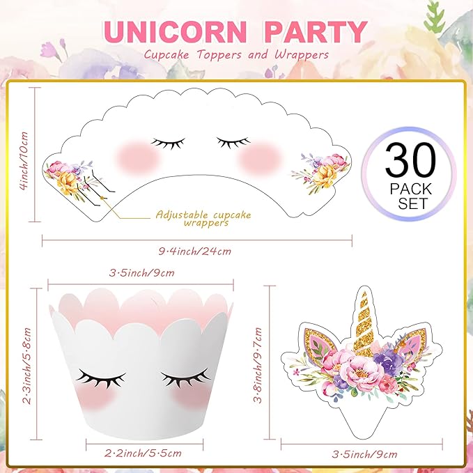 Censen 30 Pieces Unicorn Cupcake Toppers and Wrappers Decorations Unicorn Cup Cake Liners Rainbow Birthday Party Supplies Rainbow Topper Decorations for Girls Women Birthday Party