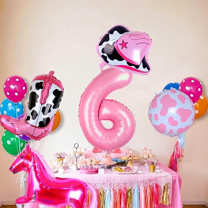 Western Cowgirl Balloons Pink 6th Birthday Party Decorations, Retro Horse Cowgirl Hat Boot Balloons Girls Western Theme Rodeo Birthday Party Decorations Supplies Decor (32 Inch Pink 6 balloon)