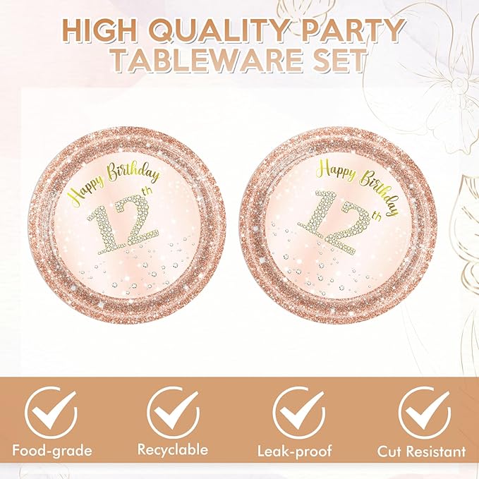 40Pcs 12th Birthday Decorations for Girls Rose Gold 12th Birthday Party Plates and Napkins Happy 12 Years Party Theme Tableware Disposable 7'' Paper Plates, Napkins for Her,Girls Teen Party Supplies