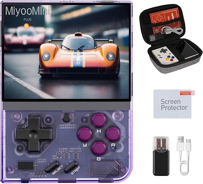 Miyoo Mini Plus, Retro Gaming Console with 64G Memory Card, 3.5-inch IPS Screen, 3000mAH Long Endurance Battery，with Storage Case, Support 10000+ Games (Transparent Purple 64G)