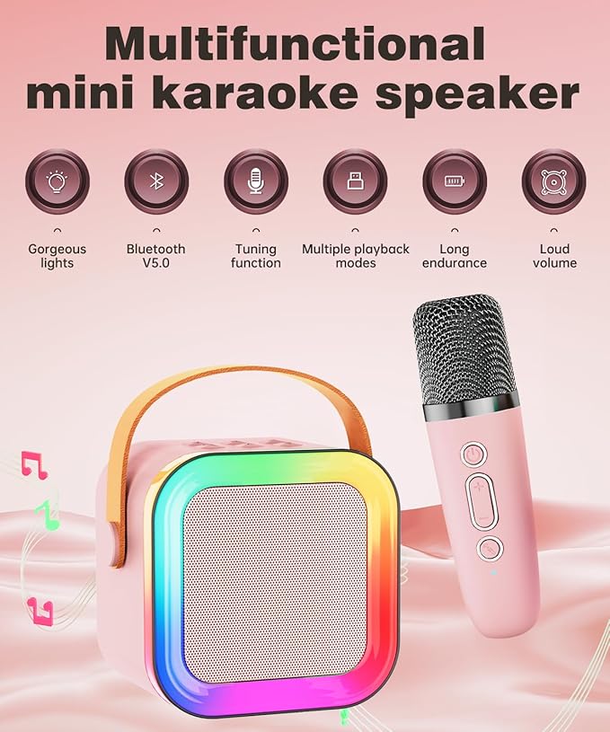 Mini Karaoke Machine Speaker for Kids Adults,Portable Bluetooth with 1-2 Wireless Microphones,Christmas Birthday Gifts Toys Girls Boys Ages 4, 5, 6,7, 8,9,10,11,12+ Years Old Toddler (Pink - 1 Mic)