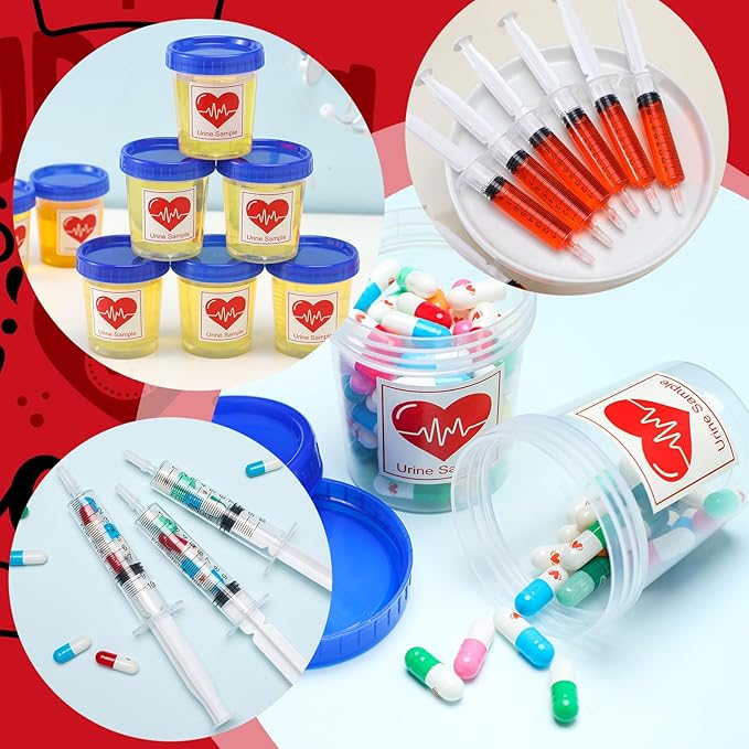 46 Pcs Nursing Graduation Party Supplies Set Plastic Syringe Urine Sample Cups with Lids Sticky Label for Nurse Congrats Grad Favors Bsn Rn Lpn Party Decorations