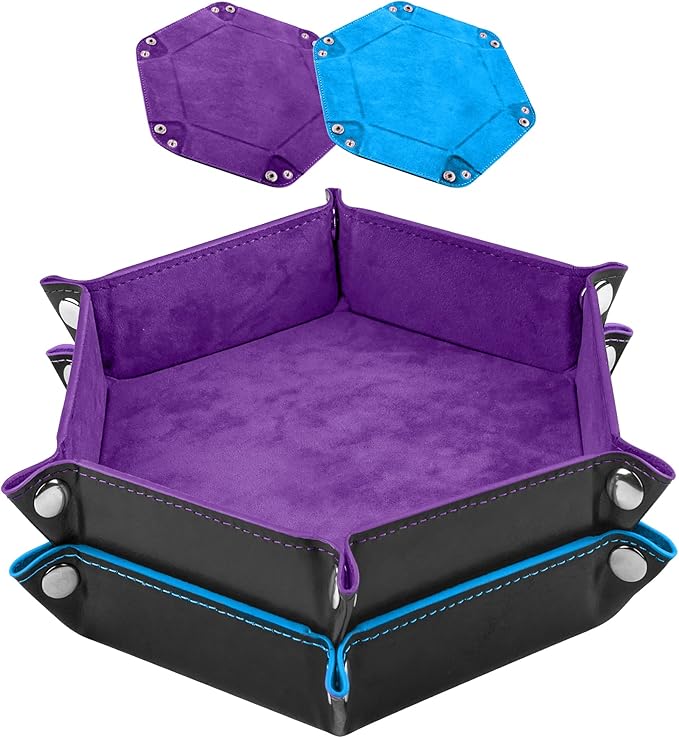 SIQUK 2 Pieces Dice Tray PU Leather Dice Folding Hexagon Tray Dice Holder for Dice Games Like RPG, DND and Other Table Games (Violet, Sky Blue)