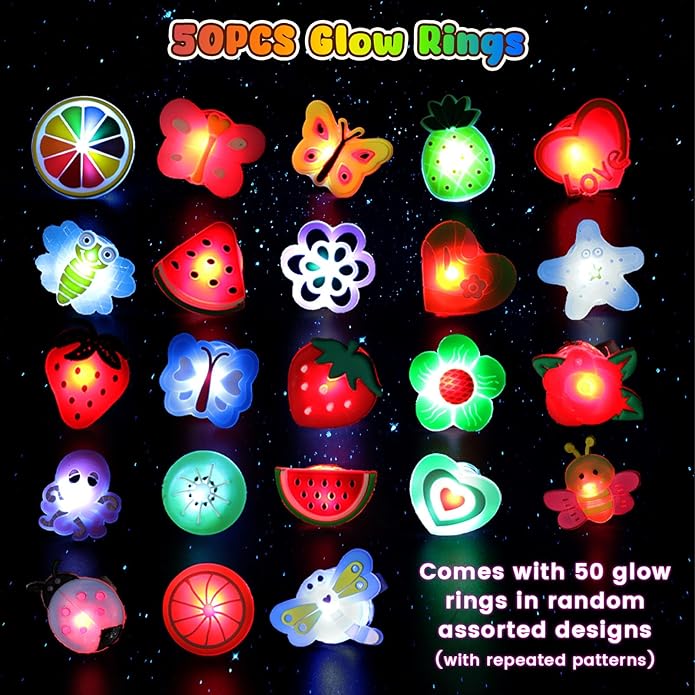 LovesTown 50PCS LED Light up Rings, Light up Toys for Kids Glow in the Dark Party Supplies Flashing for Easter Party Favors Classroom Prizes Goodie Bag Stuffers Easter Egg Fillers