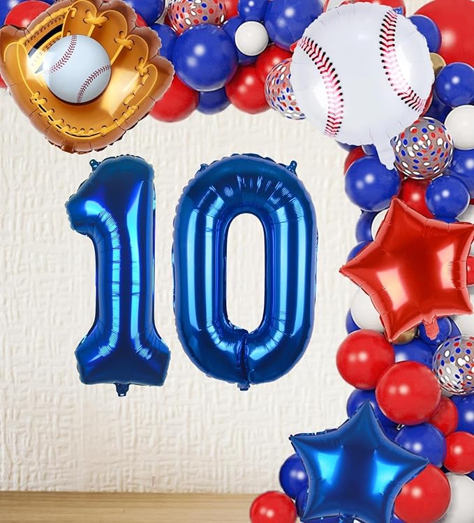 Baseball Balloons 10th Birthday Decorations for Boys | Baseball Birthday Decoration Sports Theme Party Supplies, 32Inch Foil Mylar Number 10 Balloon Navy Blue Red White Sports Balloon Arch Kits