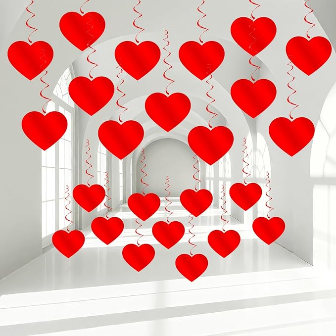 Red Heart Hanging Swirls, 24Pcs Foil Love Heart Ceiling Streamer for Valentines Galentines Decorations Bridal Shower Engagement Wedding Party Suppies