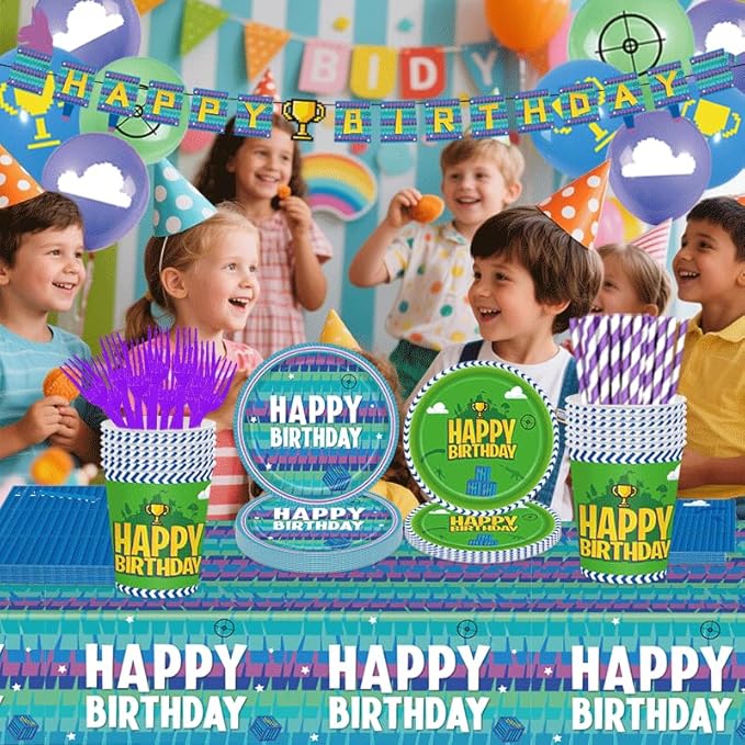 170pcs Video Game Party Supplies for Boys 1st 2nd Kids Video Games First Birthday Party Decorations Including Paper Plates Napkins Paper Cups Tablecloth Balloons Banners For 24 Guests