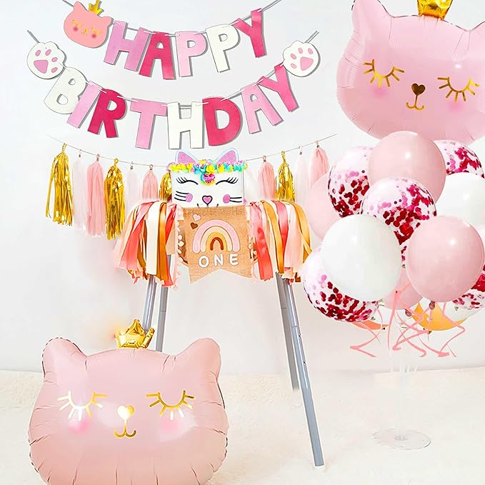 Pink Cat Birthday Party Decoration Kitty Cat Balloons Cat Kitty Birthday MEOW Banner Meow Party Supplies Pink Cat Kitty Cake Decoration