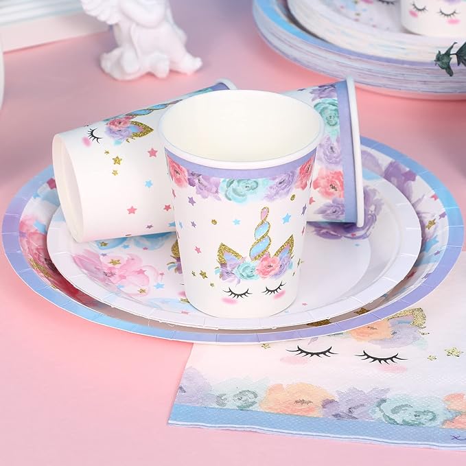 Unicorn Party Supplies Rainbow Unicorn Plates and Napkin Sets for Baby Shower First Girls Birthday Party Decorations Afternoon Tea Pool Garden Party，Serves 24