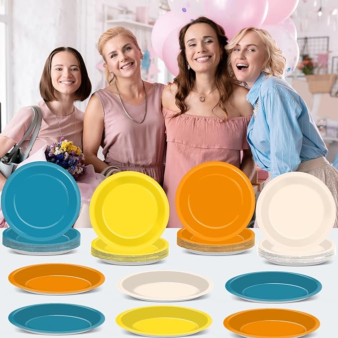 48Pcs Here Comes The Son Party Paper Plates for Retro Blue Orange Mustard Yellow Table Supplies 7" First Trip Around The Sun Boho Disposable Dessert Tableware for Boy Birthday Baby Shower Decorations