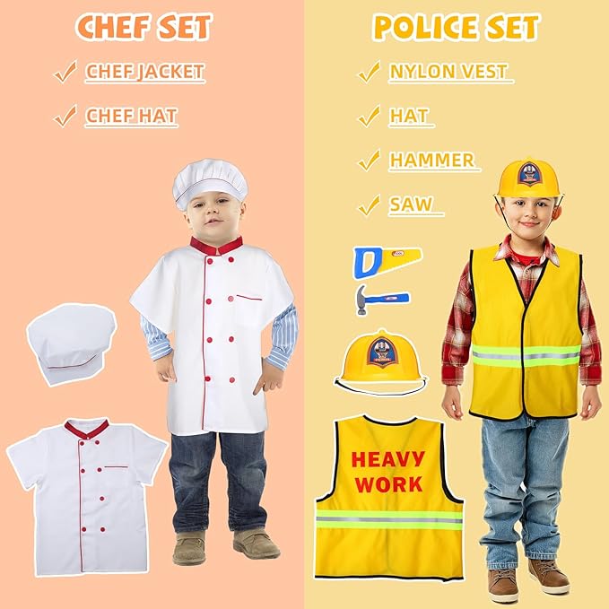 Vicenpal 8 Sets Pretend Play Kids Costumes Set Christmas Gifts Washable Chef Construction Policeman Fireman Doctor Astronaut Costumes for Boys Toddler Girls Kids