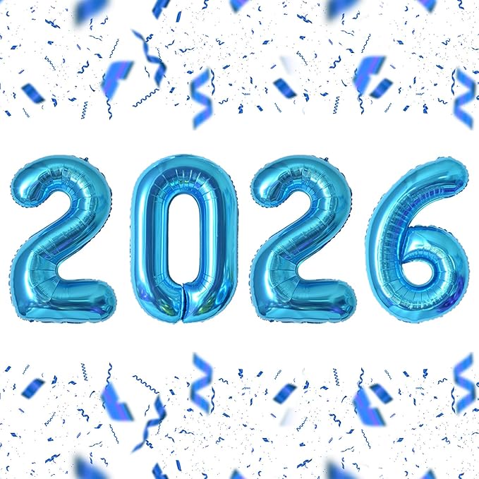 KALOR 32 Inch 2026 Blue Foil Number Balloons, 2026 New Years Decorations for 2026 Happy New Year Eve and Graduations Party Supplies