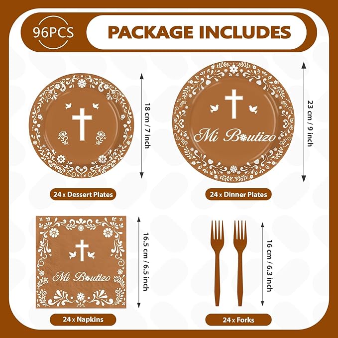 96 Pcs Mexican Baptism Decorations Disposable Brown Mexican Paper Plates and Napkins Lindo Tableware Set for Boy Christening First Holy Communion Baptism Baby Shower Party Supplies