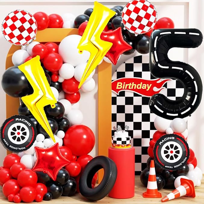 Race Car Birthday Party Decorations Large Lightning Bolt Foil Balloons Race Car Balloons 40 Inch Racetrack Number 5 Balloon for Boys 5th Race Car Birthday Party Decor Supplies