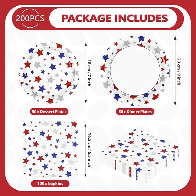 200pcs 250th Anniversary Patriotic Plates and Napkins Party Supplies Red Blue and White Decorations American Flag 4th of July Tableware Set for President Election Memorial Day Supplies Serves 50
