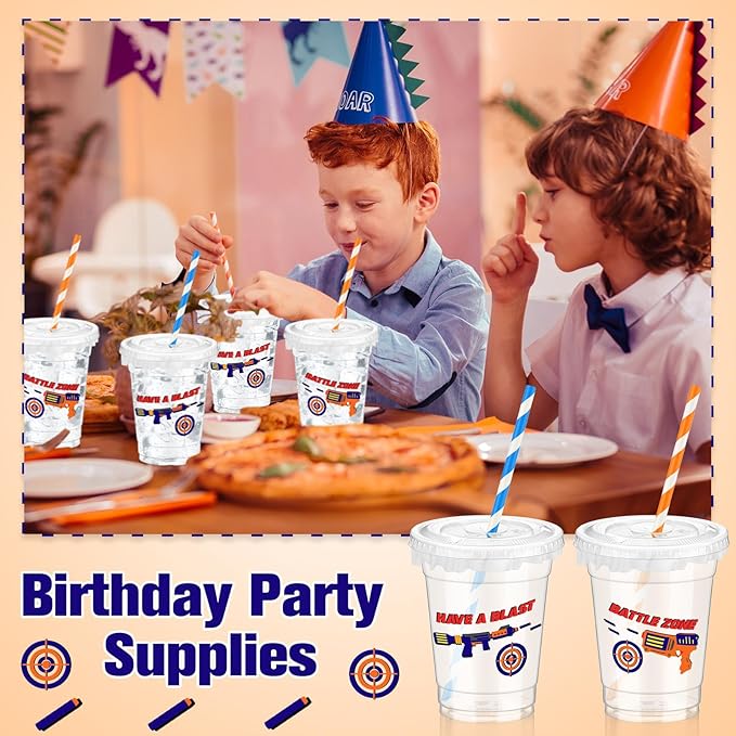 Domensi 50 Pcs Dart Party Plastic Cups 12 oz Disposable Dart Game Plastic Cups with Straws and Lids Gun Clear Mug Supplies Birthday Table Decorations Party Favor