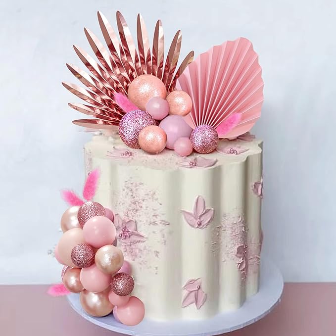38 PCS Balls Cake Toppers Palm Leaves Cake Decorations for Birthday Wedding Baby Shower Party Supplies (Rose Gold)