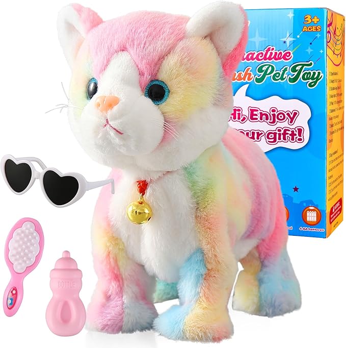 Colorful Robot Cat Plush Stuffed Animal Interactive Cats Meow Kitten Touch Control, Electronic Pet, Robotic Kitty Toy, Animated Toy Cats for Girls Baby Kids L:12"