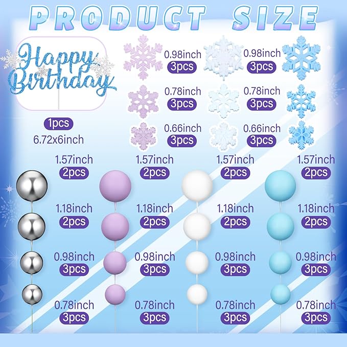 Tioncy 71 Pcs Snowflake Cake Toppers Set Multicolor Balls Blue Princess Happy Birthday Cake Topper Decorations for Winter Wonderland Birthday Snowflake Party Supplies