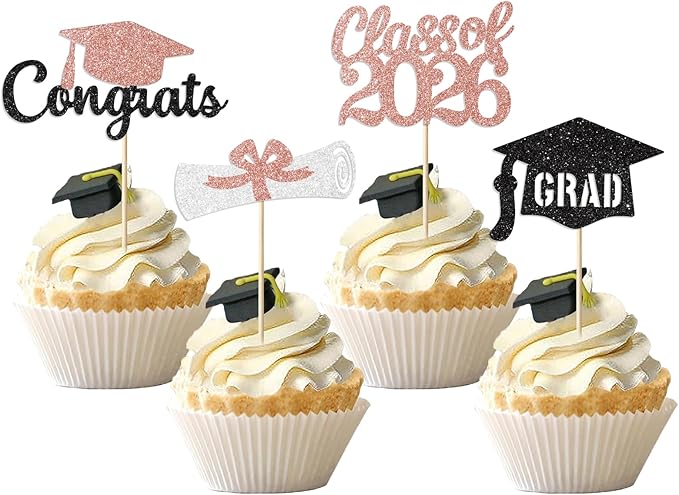 Black and Rose Gold Graduation Cupcake Toppers Decorations Class of 2026 Cupcake Topper Graduation Cup Cake Picks Congrats Grad Party Decor Supplies Set of 24