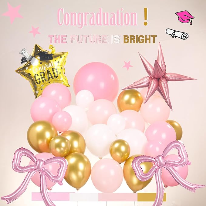 Pink and White Gold Grad Balloon garland arch kit 140pcs With Large Gold pink Star Bow balloons for 2025 graduations decorations Prom girl's birthday party supplies