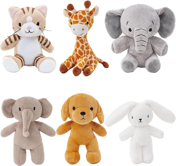 6 Pcs Stuffed Animals Bulk, 11 Inch Small Stuffed Safari Animals, Zoo Stuffed Animals Set (Cat Dog Elephants Giraffe Bunny) Baby Shower Party Decor, Easter Gift for Classroom Kids, Teens, Girls