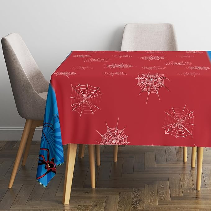 Spider Tablecloth 54×108 Inch, Red and Blue Table Cover with Spider Web Design, Disposable Table Decoration for Boys Birthday Party and Superhero Theme Events, Kids Theme Party Supplies