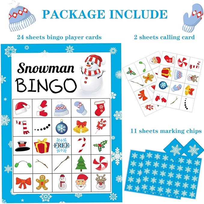 Christmas Bingo Game for Kids Adults, Snowman Bingo Cards 24 Players Winter Holiday Games Activities Christmas Crafts for Kids Family Large Group Party Favors Supplies Toys Gifts